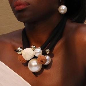 Chunky Rope Faux Artificial Pearl Statement Necklace With Fabric Wrapped Beads Double Layer Choker For Women Bohemian Fashion