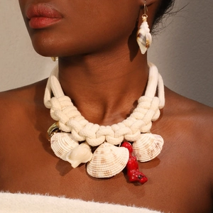 Handmade Woven Cotton Rope Necklace And Earrings With Natural Shell Red Coral For Women Bohemian Summer Beach Holiday