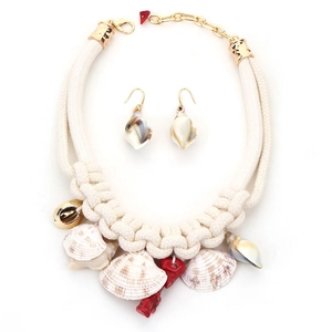 Handwoven shell and red coral pendant necklace with matching earrings beach jewelry set
