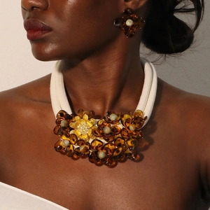 Acrylic Flower Statement Necklace Bohemian Braided Polyester Rope Amber Resin Floral Alloy Aluminum Jewelry For Women
