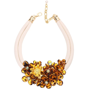 Double-strand woven necklace with amber resin flowers and a central golden floral motif