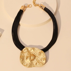 Multilayer wax cord necklace with large irregular hammered gold pendant for women