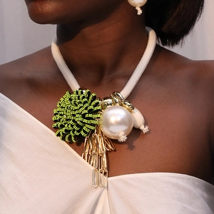 Exaggerated Flower Statement Necklace For Women Woven Rope With Imitation Artificial Pearl Rhinestone And Metal Tassel