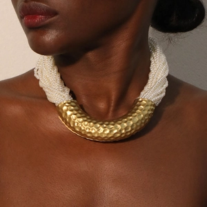 Multi-Strand Imitation Artificial Pearl Necklace With Gold Hammered Alloy Tube Clavicle Chain Vintage Elegant Jewelry For Women