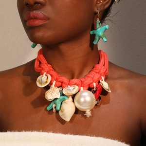 Parure collier en corde orange avec étoile de mer et perles pour vacances à la plage