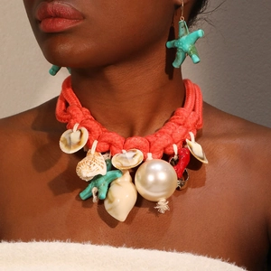 Collier Et Boucles D'oreilles Étoile De Mer Coquillage Imitation Künstliche Perle Acrylique Aluminium Corde Bijoux Vacances Femmes