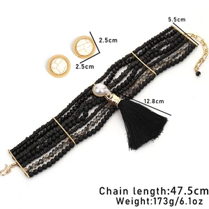 Bohemian multi-layer black beaded jewelry set with faux pearl tassel necklace and earrings