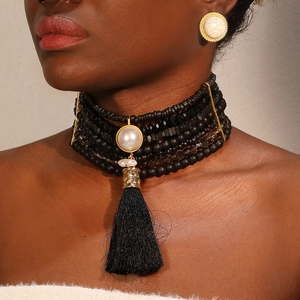 Bohemian Multi-Layer Beaded Necklace Earring Jewelry Set Black Beads Faux Artificial Pearl Long Tassel Pendant Ethnic Vintage Style Women