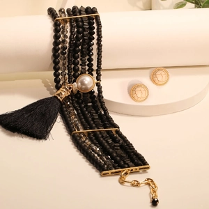Multilayer black beaded smartwatch band set with faux pearl tassels and gold accents