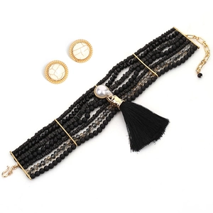 Vintage multilayer black beaded necklace set with pearl tassel pendant and round stud earrings
