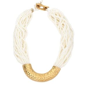 Multi-strand pearl necklace with hammered gold U-shaped tube and toggle clasp closure