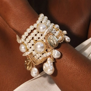Multi-Layer Faux Artificial Pearl Beaded Bracelet With Baroque Charms And Alloy Golden Metal Tag Retro Bohemian Stacked Jewelry