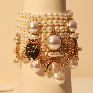 Multi-layer handmade faux pearl bracelet with gold chains and baroque tassel charms