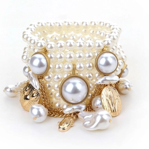 Multi-layer faux pearl beaded bracelet with gold accents and baroque pearl pendants