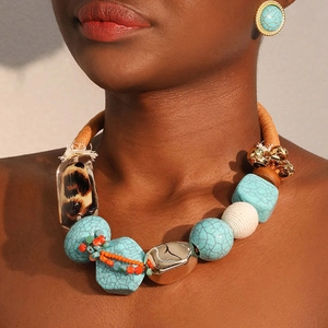 Collier Et Boucles d'Oreilles Bohèmes Turquoise Synthétique Léopard Résine Coque De Noix De Coco Alliage Bijoux Ethniques