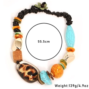 Chunky leopard print and turquoise bead necklace with 55.5cm length and 139g weight