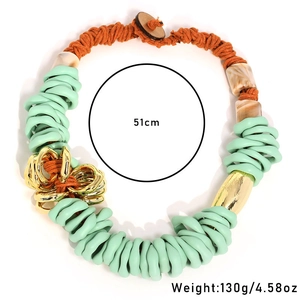 Tiffany blauwe spiraal ketting met gouden ringen en oranje koord, 51cm lengte, 130g