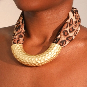 U Shape Scarf Necklace Hammered Alloy Leopard Floral Print Bohemian Mixed Material Fashion Accessories For Women