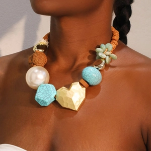 Bohemian Chunky Necklace Alloy Heart Pendant Wax Rope Braided Imitation Artificial Pearl Turquoise Wood Bead Handmade Ethnic Jewelry