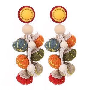 Handmade cloth pumpkin tassel earrings with colorful fabric balls and wooden beads