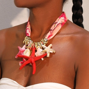 Bohemian beach style scarf necklace with starfish charms and gold beads for summer