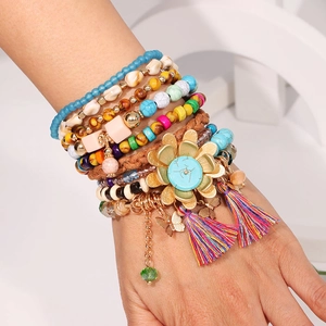 Bohemian Multilayer Beaded Bracelet Set For Women Alloy Glass Floral Butterfly Tassel Stackable Ethnic Vacation Jewelry Gift