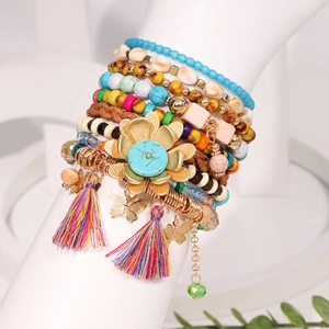 Bohemian multi-layer handmade beaded bracelet set with sunflower and butterfly charms