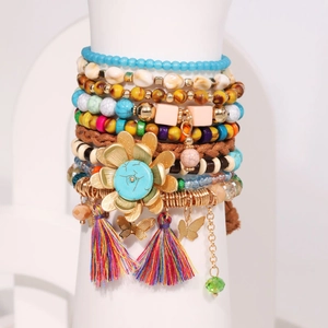 Bohemian multi-layer handmade beaded bracelet set with gold flower and tassel charms