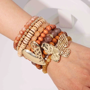 Bracelets Multiples Bohémiens Avec Perles En Bois Verre Et Breloques Papillon Cœur En Alliage Bijoux Élastiques Faits Main