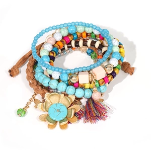 Bohemian multilayer beaded bracelet set with turquoise beads and golden flower charm