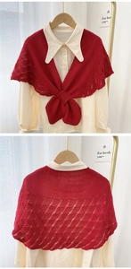 Close-up of red knit shawl collar with hollow crochet wavy edges on white shirt