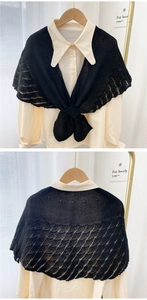 Detail view of black hollow knit shawl with crochet wave pattern and front tie detail