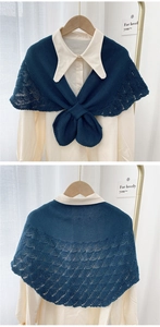 Navy blue knit shawl wrap with hollow crochet scalloped edge over white shirt detail