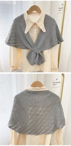 Gray knitted shawl wrap with wavy hollow texture and front tie detail for women