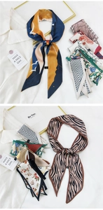 Vue détaillée de foulards Twilly étroits avec divers imprimés et texture satinée