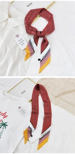 Détail d'un foulard étroit en soie rouge avec imprimé mors vintage et rayures contrastées