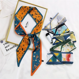 Foulard En Satin Long Et Étroit Style Français Imprimé Paysage Abstrait Élégant Satin Bandeau Cheveux Sac À Main Femme