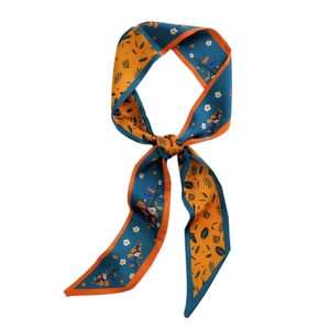 Foulard étroit en soie à motif floral bleu paon et orange noué en forme de boucle