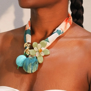 Collier Pendentif Fleur Bohème Avec Sangle En Tissu Fleur En Résine Et Künstliche Perles De Turquoise Pour Style Vacances Femme