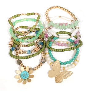Colorful 12-piece butterfly and flower layered bead bracelet set for summer