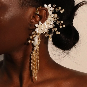 Floral Artificial Pearl Ear Cuff With Long Chain Tassels Alloy Crystal Flower Bridal Wedding Vintage Jewelry Accessories