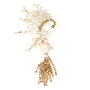 Bridal ear cuff with white silk flowers, faux pearls, and long gold tassel chains