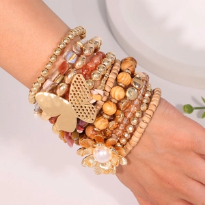 Boho 12 Stränge Holzperlen Armband Set Für Damen Vintage Schmetterling Blume Anhänger Legierung Künstliche Perle Mehrlagiges Stapelbares Armband Schmuck