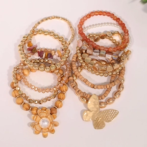 Handgefertigtes Holzperlen Armband Set mit Sonnenblumen und Schmetterling Anhängern