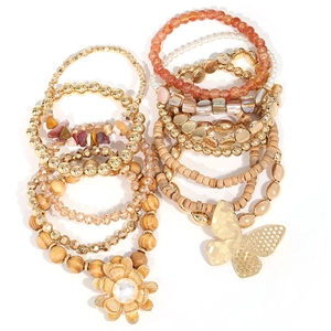 Böhmisches mehrlagiges handgefertigtes Holzperlen Armband Set mit Schmetterling Anhänger