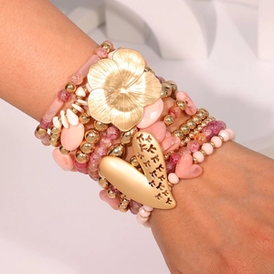 Ensemble Bracelet Bohémien Fait Main Perles Cœur Fleur pour Femmes Rose Or Perles en Verre Bracelet Élastique Bijoux Cadeau Valentin