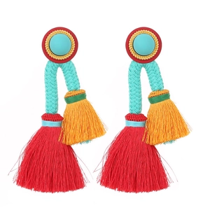 Bohemian colorful tassel earrings with vibrant tiered silk fringe and ethnic woven details