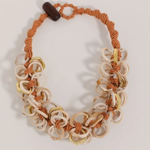 Bohemian oversized acrylic link necklace with orange woven rope and wood clasp