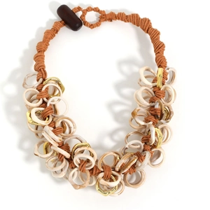 Exotic chunky acrylic link necklace with brown woven cord and marble resin rings