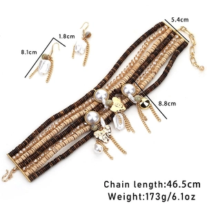 Bohemian multilayer necklace and earrings set with faux pearls and wooden beads